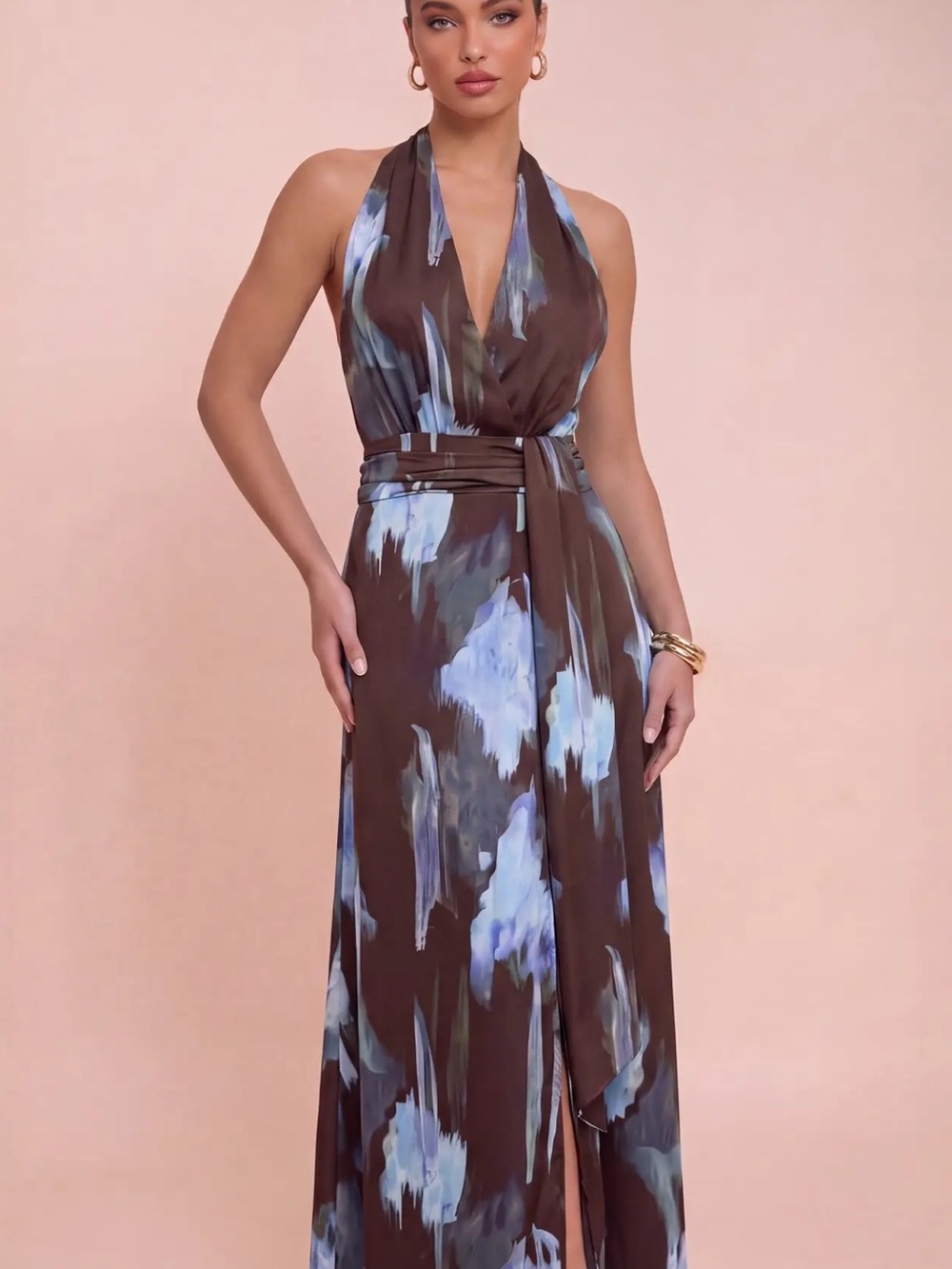 Secure your Spot Now!! Halter Floral-Print Maxi Dress in Brown and Blue